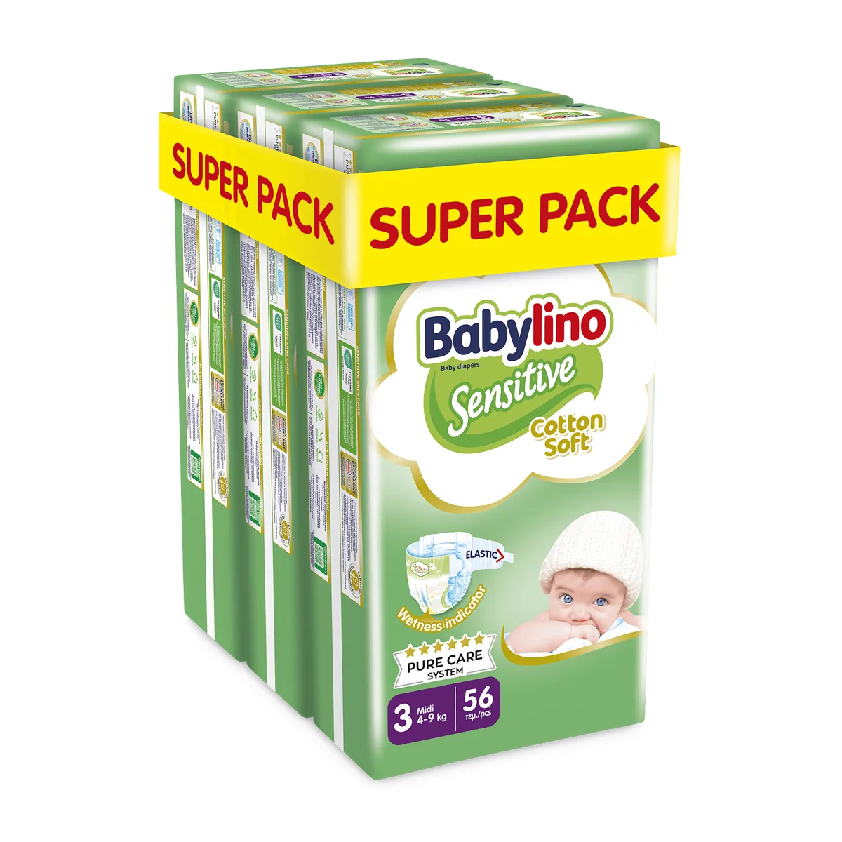 Βρεφική πάνα Babylino Sensitive Cotton Soft No3 4-9 Kg SuperPack 168τμχ (3χ56τμχ)
