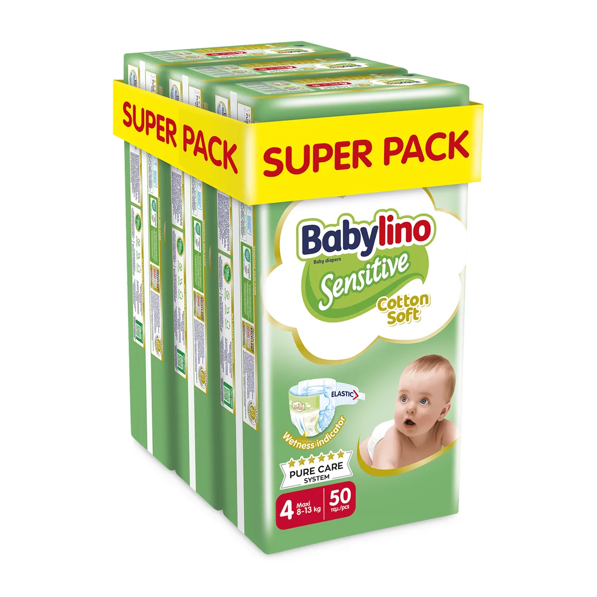 Βρεφική πάνα Babylino Sensitive Cotton Soft No4 8-13 Kg SuperPack 150τμχ (3×50τμχ)