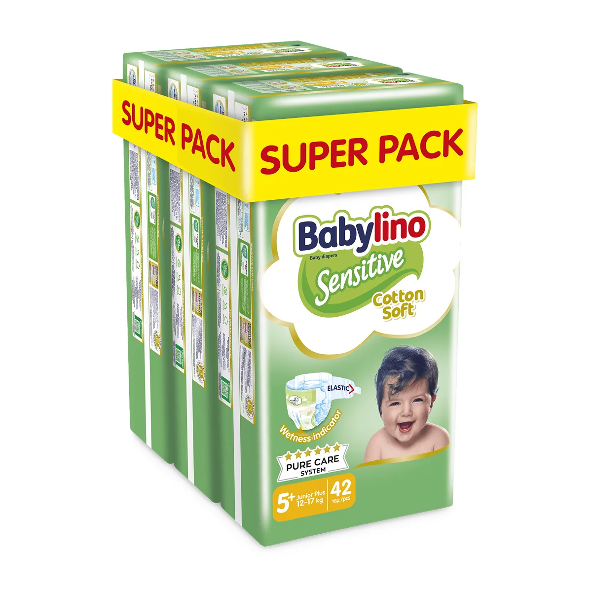 Βρεφική πάνα Babylino Sensitive Cotton Soft No5+ 12-17 Kg SuperPack 126τμχ (3×42τμχ)