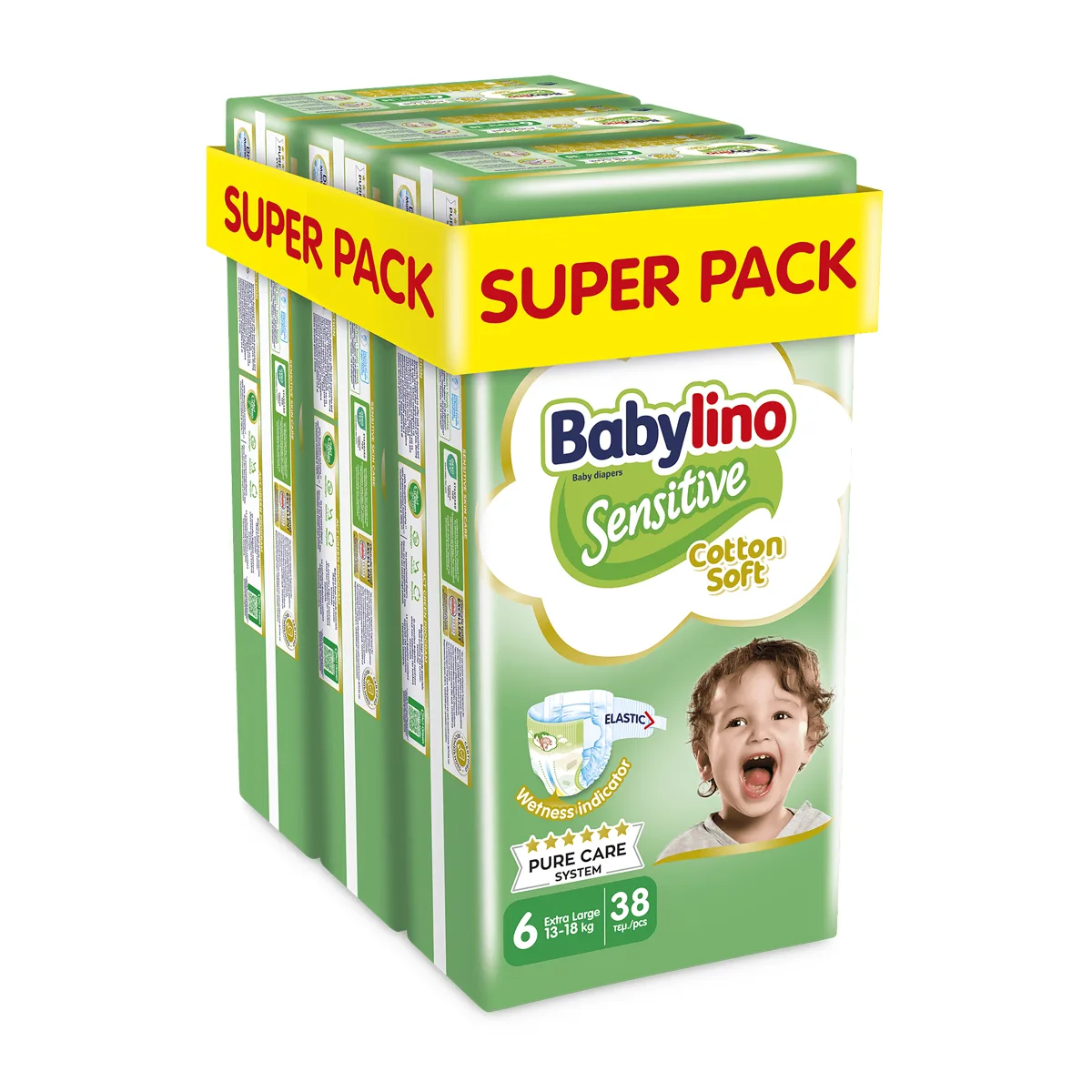 Βρεφική πάνα Babylino Sensitive Cotton Soft No6 13-18 Kg SuperPack 114τμχ (3×38τμχ)